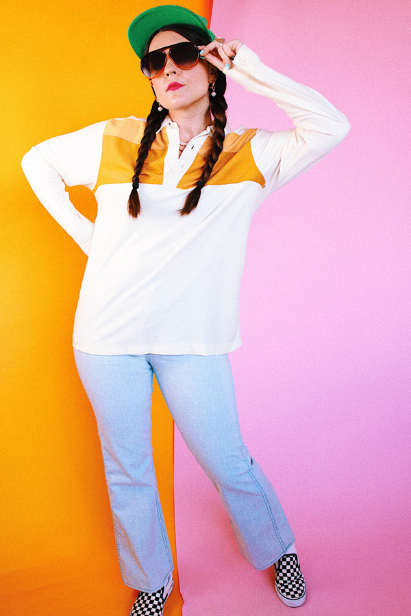 long sleeve half button white fleece collared shirt with two stripes across chest vintage 1970's