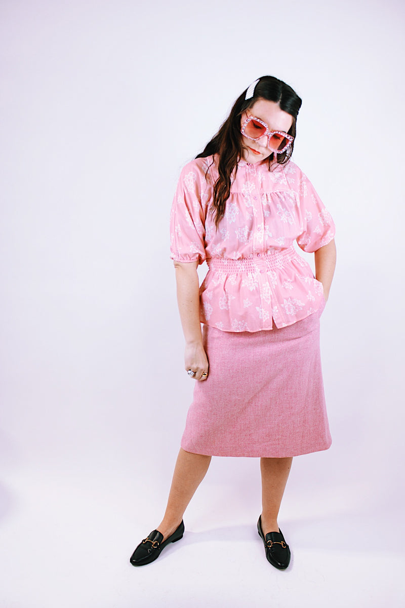 baby pink pastel wool pencil skirt vintage 1960's