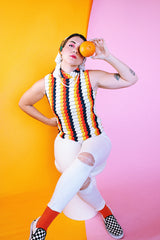 sleeveless mock neck polyester chevron print vintage 1970's blouse in white orange navy yellow