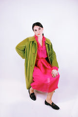 long sleeve sheer hot pink midi dress with tie waist and ruffled neckline and cuffs vintage 1970's
