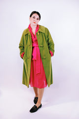 long sleeve pea green velvet tent coat with pockets and three button closure women's vintage 1950's