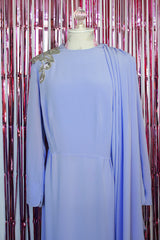 long sleeve purple midi length dress with one sequined shoulder and one shoulder with attached cape vintage 1980's