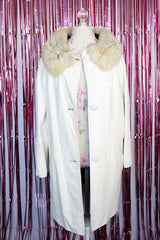 long sleeve long white leather button up coat with fur trim around neck vintage 1970's
