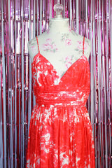 sleeveless spaghetti strap midi length dress with sweetheart bust in pink and white tie dye effect print vintage 1980's