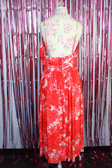 sleeveless spaghetti strap midi length dress with sweetheart bust in pink and white tie dye effect print vintage 1980's