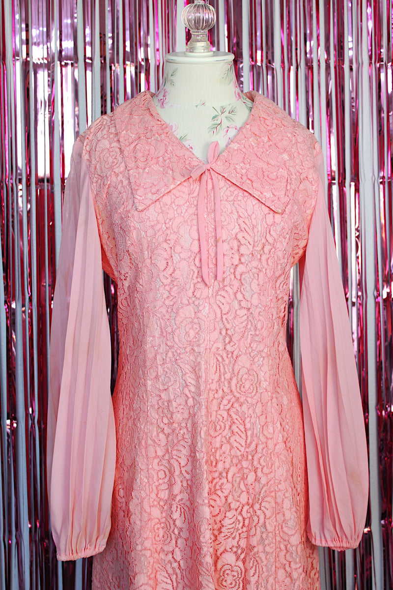 long pleated sheer sleeved knee length lace body dress with collar and bow vintage 1960's