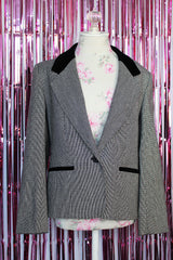 long sleeve black and white checkered wool blazer with velvet trim vintage 1980's