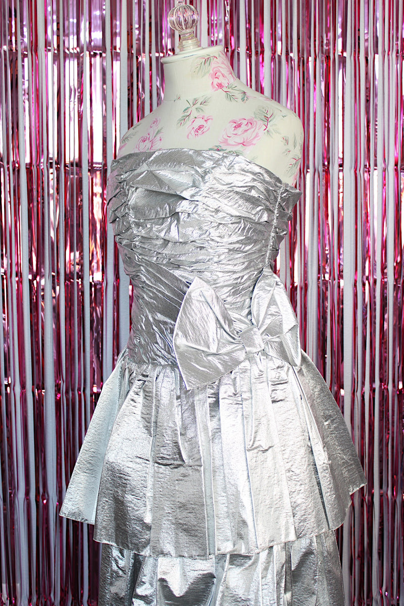 strapless silver metallic dress with two tier skirt and ruched bodice vintage 1980's