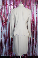 long sleeve light tan blazer and matching knee length pencil skirt with silver rhinestone trim vintage set 1980's