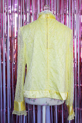 long sleeve yellow lace blouse with mock neck and ribbon trim vintage 1960's