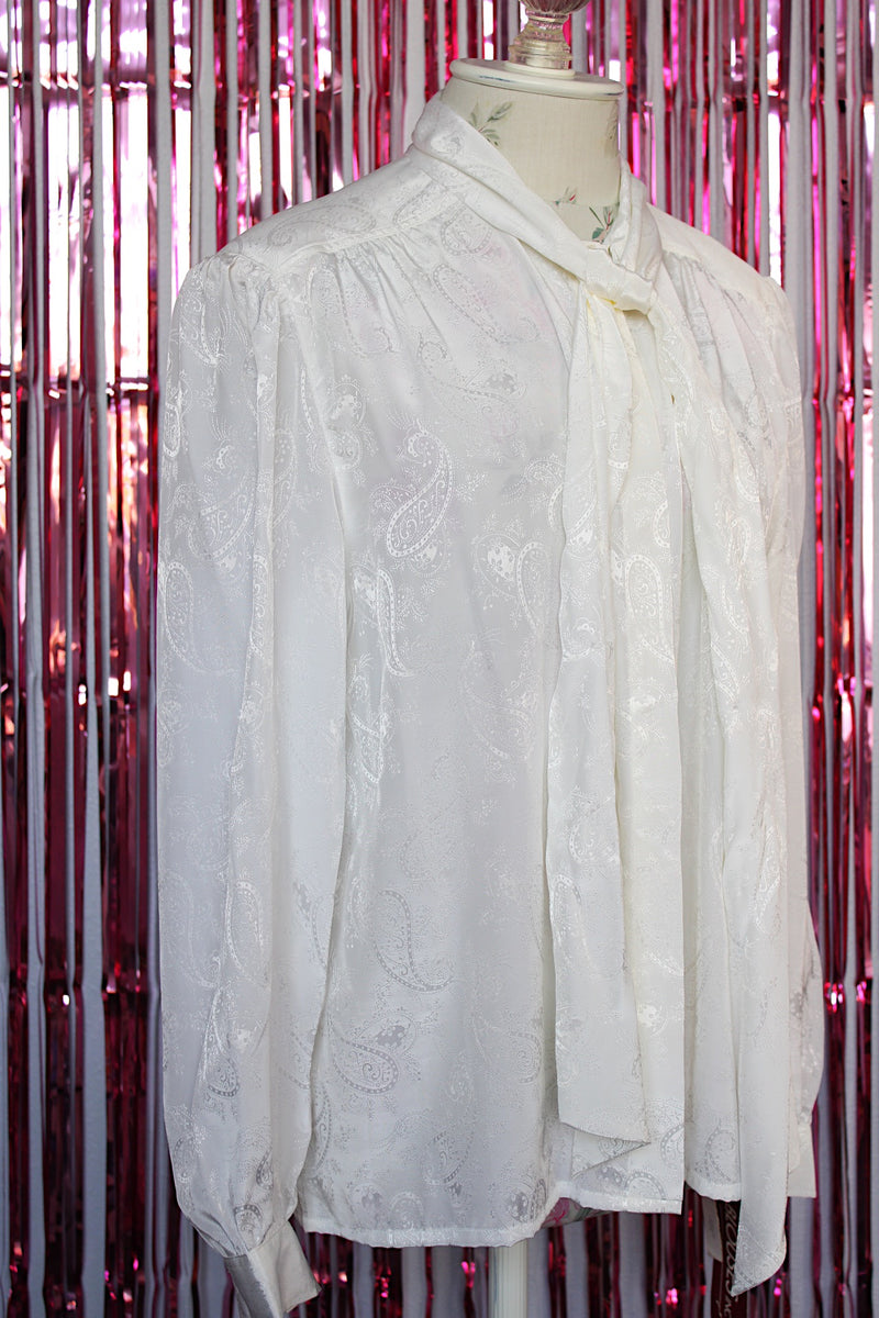 long sleeve white button up blouse with attached tie neck vintage 1980's