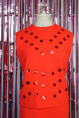 sleeveless acrylic coral orange top with all over sequins with matching pencil skirt vintage 1960's