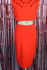 sleeveless acrylic coral orange top with all over sequins with matching pencil skirt vintage 1960's
