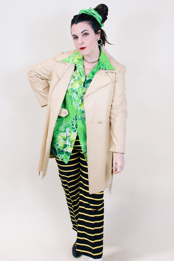 Women's vintage 1970's New England Sportswear Company cream colored leather long length long sleeve wrap coat.