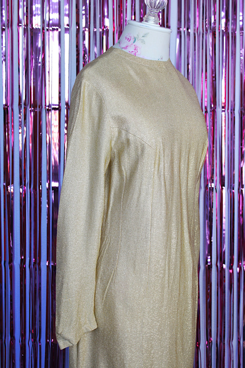 long sleeve knee length gold metallic shift dress vintage 1970's