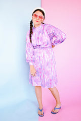 pastel purple and pink printed long sleeve midi length dress with mock neck and belt vintage 1980's