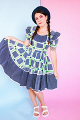 white, navy, and green 1950's western square dance dress puff sleeves knee length 