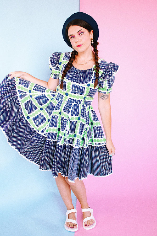 white, navy, and green 1950's western square dance dress puff sleeves knee length 