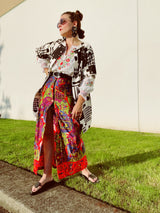 multi colored print maxi polyester skirt with buttons up the front vintage women's 1970's