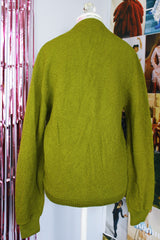 long sleeve pea green button up wool cardigan vintage 1960's