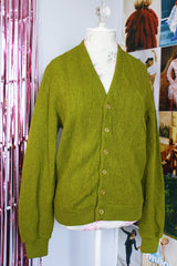 long sleeve pea green button up wool cardigan vintage 1960's