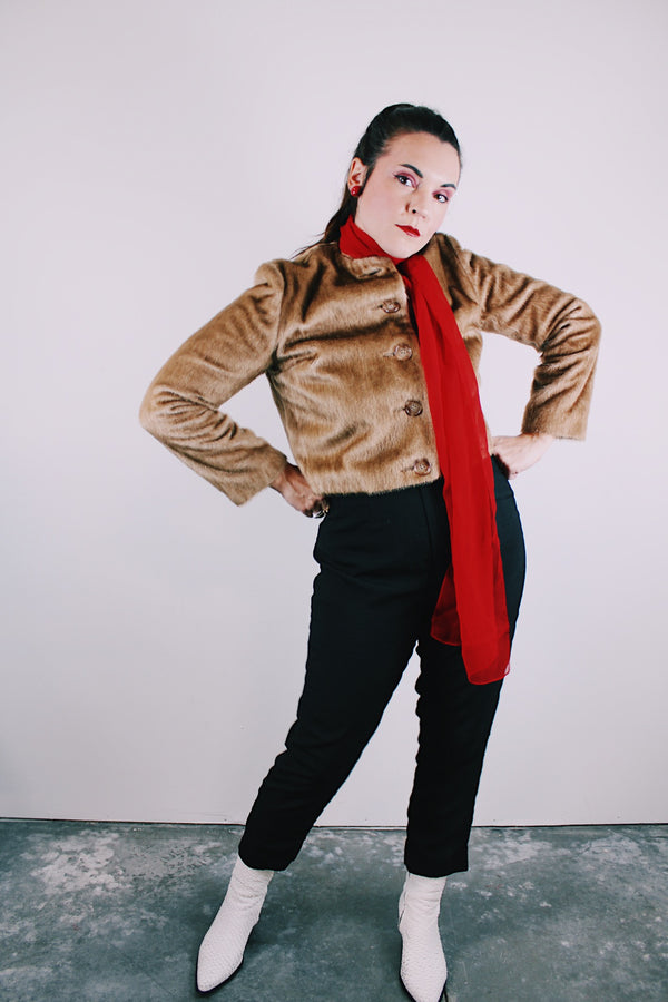 long sleeve tan faux fur cropped jacket buttons up the front vintage 1960's