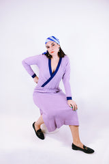 vintage 1980's midi length long sleeve wool knit dress with deep v neck in purple with darker purple trim