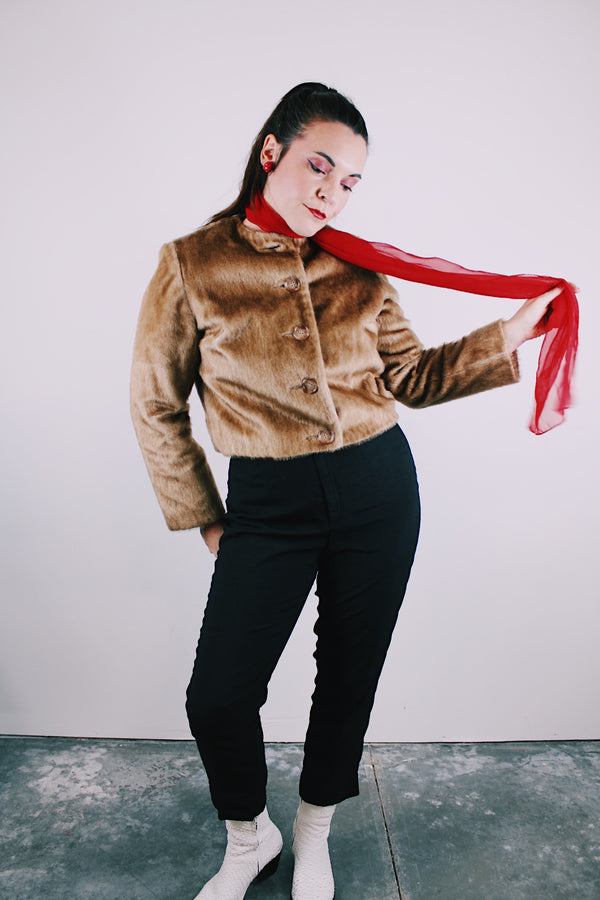 long sleeve tan faux fur cropped jacket buttons up the front vintage 1960's