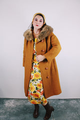 long sleeve wool long coat with fur trim collar in burnt orange vintage women's 1950's