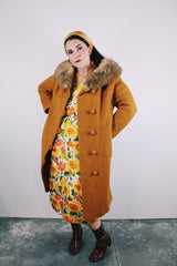 long sleeve wool long coat with fur trim collar in burnt orange vintage women's 1950's