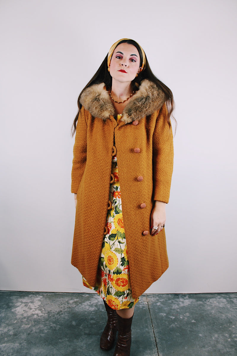 long sleeve wool long coat with fur trim collar in burnt orange vintage women's 1950's