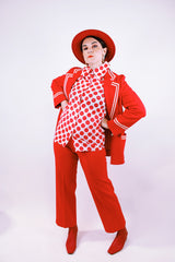 long sleeve button up blouse with collar in white with red polka dots women's vintage 1970's polyester 