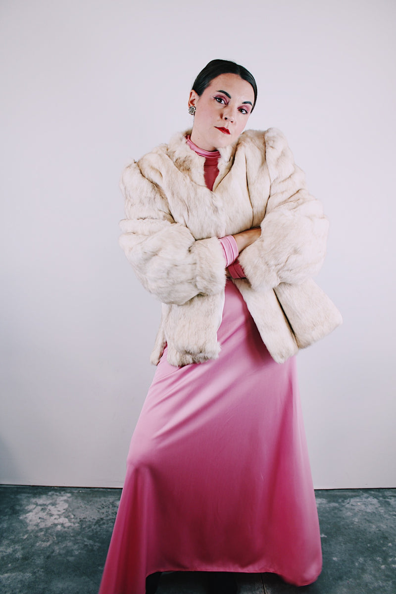 long sleeve white rabbit fur coat vintage women's 1980's