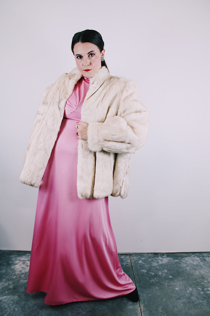 long sleeve white rabbit fur coat vintage women's 1980's