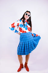 knee length pendleton wool plaid skirt in blue with black plaid stripes vintage women's 