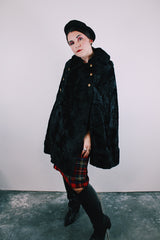 black faux fur poncho with gold buttons vintage 1960's