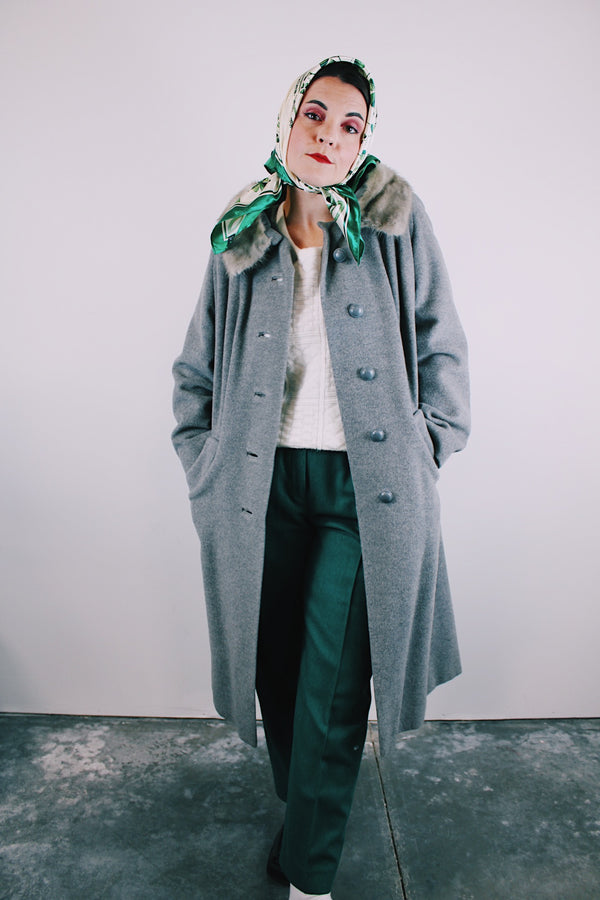 long sleeve grey wool coat knee length with mink fur trim collar vintage women's 1960's