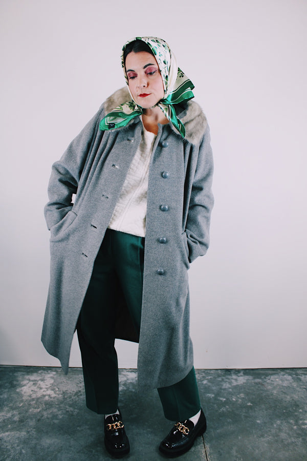 long sleeve grey wool coat knee length with mink fur trim collar vintage women's 1960's