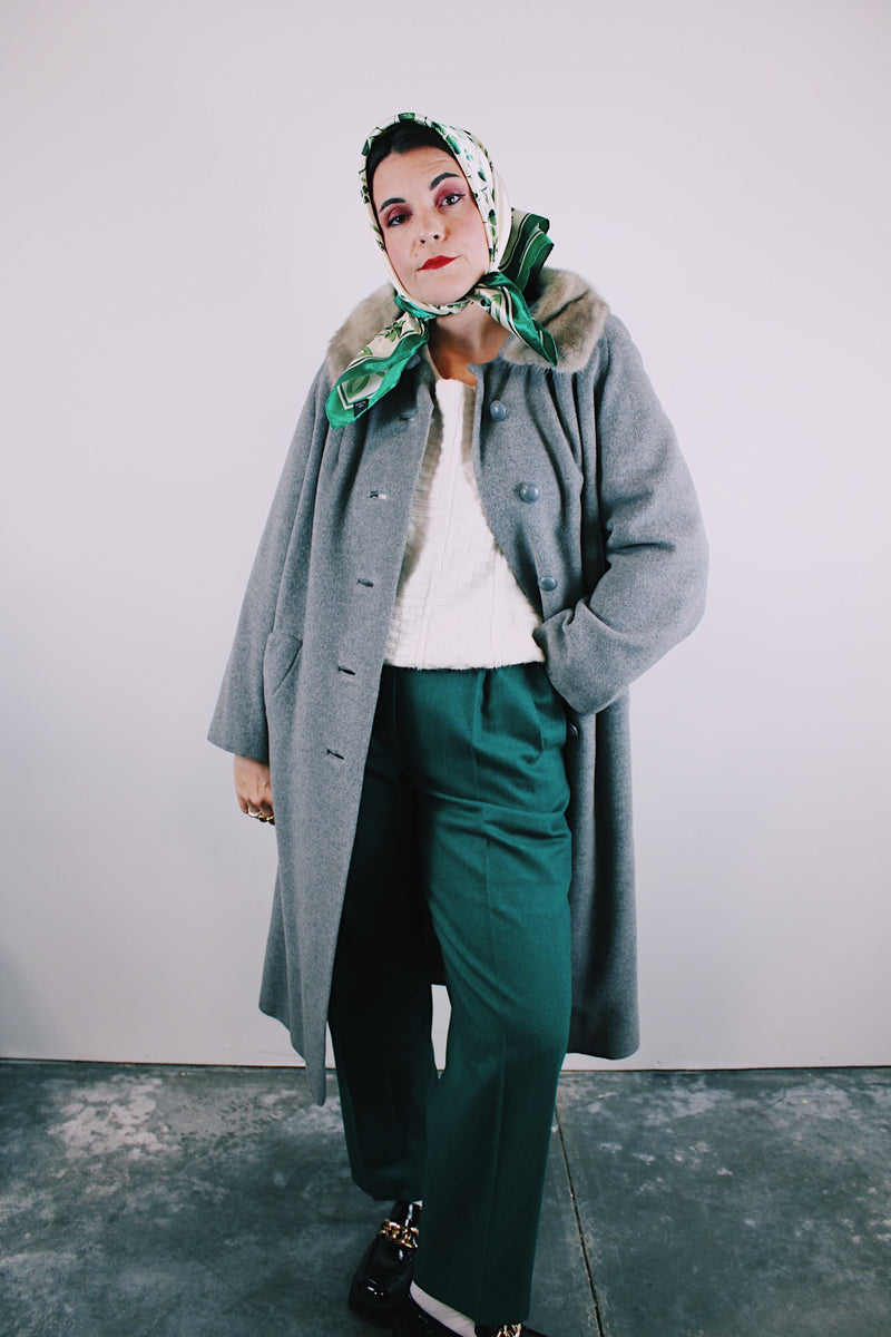 long sleeve grey wool coat knee length with mink fur trim collar vintage women's 1960's