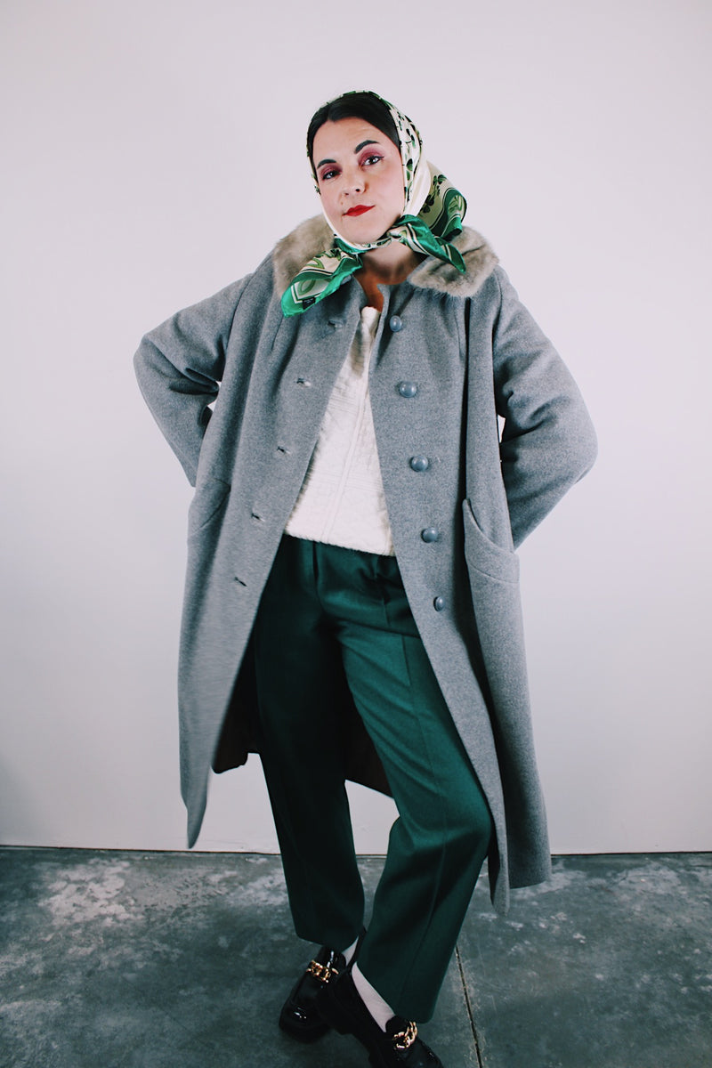 long sleeve grey wool coat knee length with mink fur trim collar vintage women's 1960's