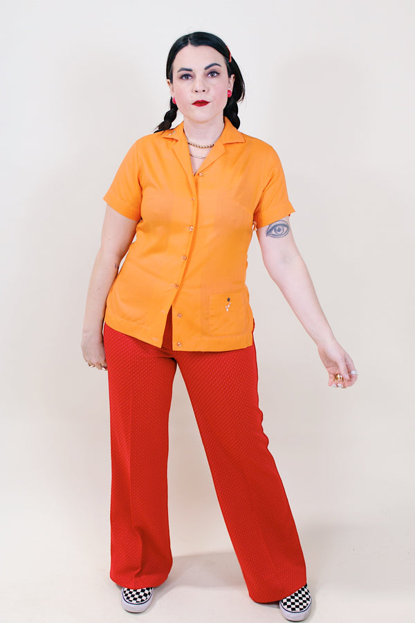 Women's vintage 1950's King Louie by Holiday label short sleeve orange cotton button up bowling blouse.