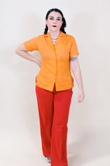 Women's vintage 1950's King Louie by Holiday label short sleeve orange cotton button up bowling blouse.