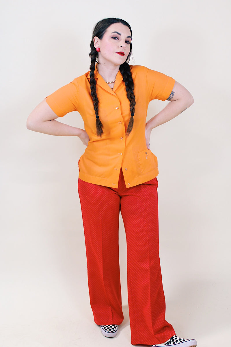 Women's vintage 1950's King Louie by Holiday label short sleeve orange cotton button up bowling blouse.