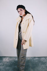 long sleeve wool creamed long length jacket with white fur trim collar women's vintage 1960's