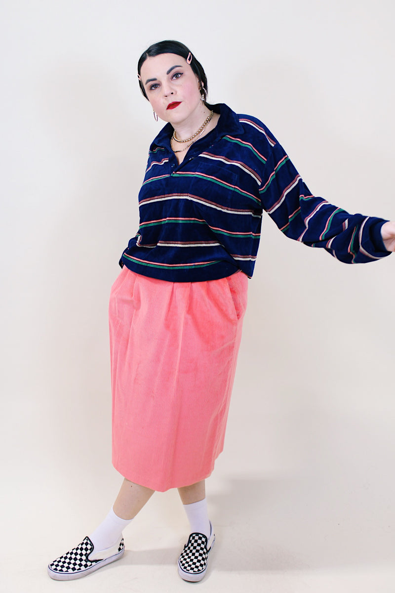 Women's vintage 1980's Jack Winter label midi length corduroy material salmon pink pencil skirt.