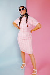 short sleeve pink with white stripes knee length vintage 1960's dress