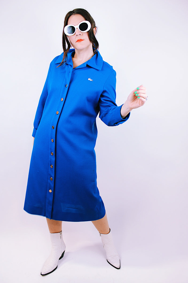 long sleeve mid length blue shirt dress with collar vintage 1960's