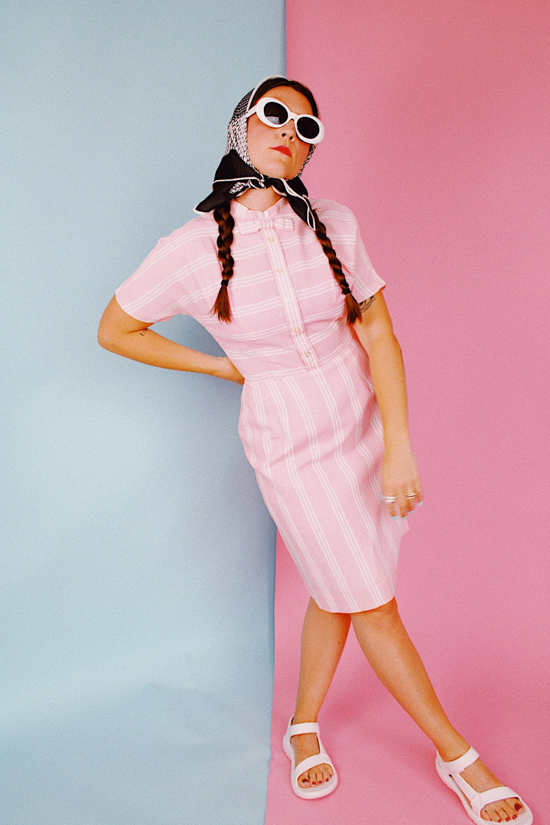 short sleeve pink with white stripes knee length vintage 1960's dress