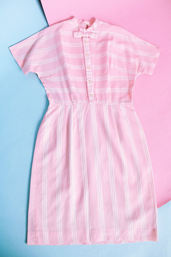 short sleeve pink with white stripes knee length vintage 1960's dress