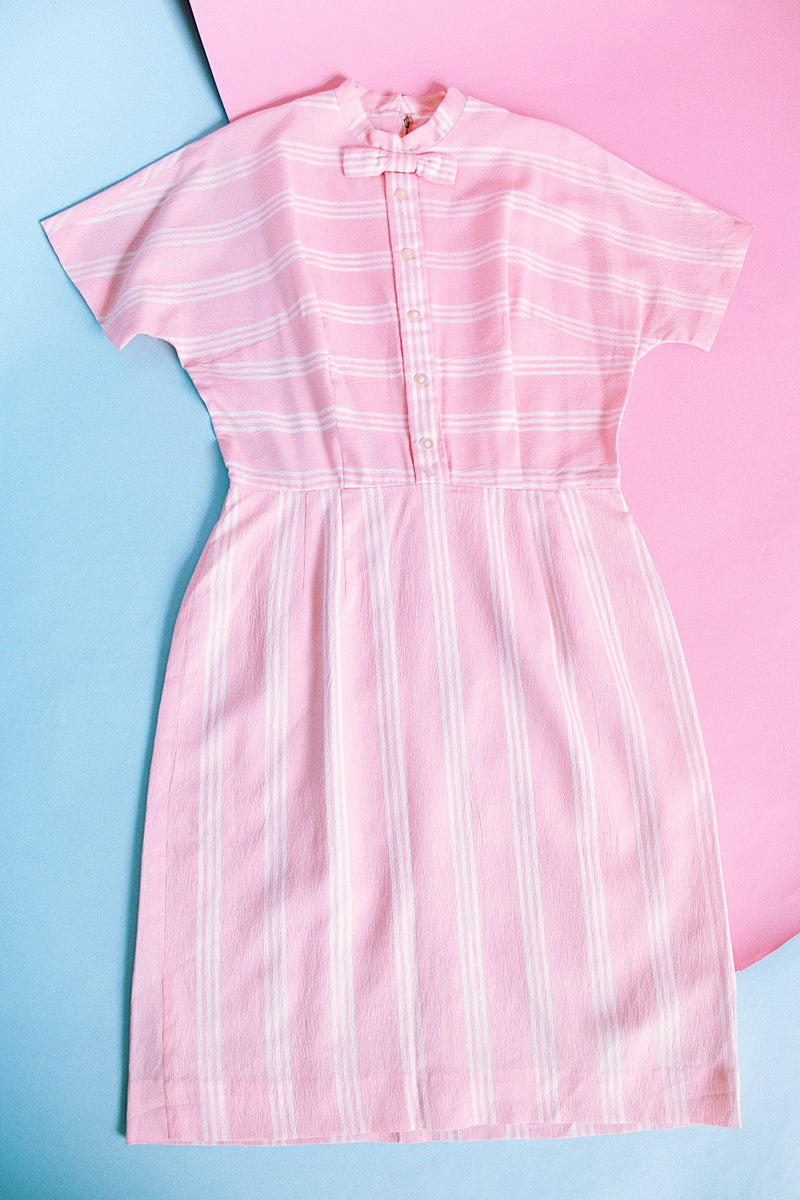 short sleeve pink with white stripes knee length vintage 1960's dress